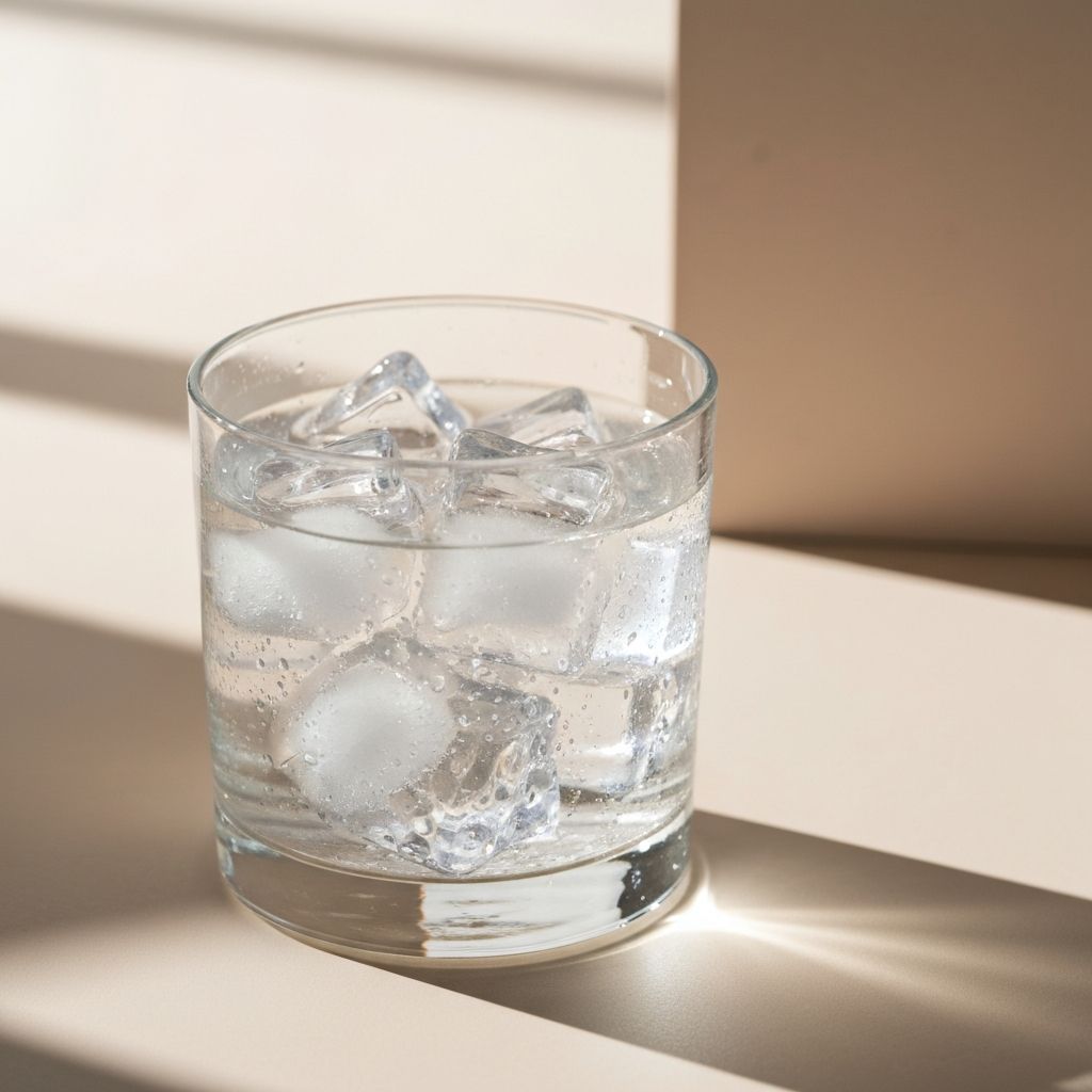 Clear fresh water in a glass with ice representing hydration